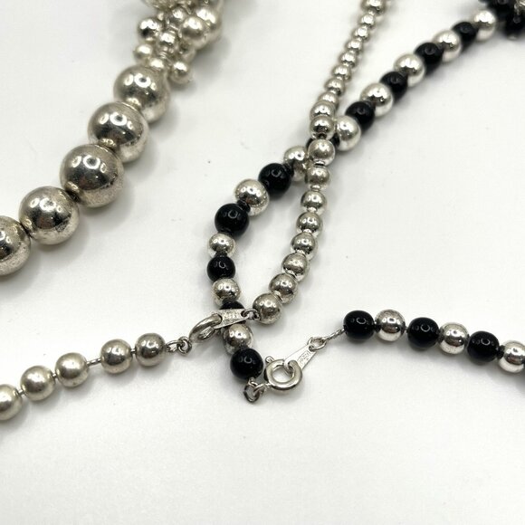 Vintage 80s Silver & Black Bead Cluster Statement Necklaces Marked Korea Costume - Picture 6 of 10